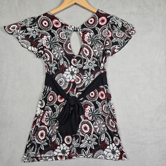 Vtg Y2K Wrapper Babydoll Blouse Womens Small Floral Black White Red Tie Back - Picture 6 of 13